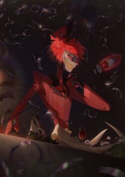 1boy alastor_(hazbin_hotel) animal_ears black_gloves bone chromatic_aberration coat colored_skin colored_teeth commentary cotton_(lana_de_lingo) deer deer_ears gloves grey_skin hazbin_hotel hellaverse highres holding holding_staff male_focus monocle red_coat red_eyes red_hair sharp_teeth solo staff teeth yellow_teeth