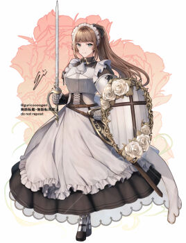 1girl armor black_dress blue_eyes breastplate breasts brown_hair closed_mouth commentary_request corset dress eyebrows_hidden_by_hair flower_ornament full_body guricoogen holding holding_shield holding_sword holding_weapon large_breasts long_hair looking_at_viewer maid maid_headdress original ponytail saber_(weapon) shield signature smile solo sword two-tone_dress unconventional_maid weapon white_dress white_headdress
