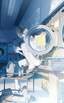 1girl absurdres basket black_panties brown_hair cart ceiling ceiling_light commentary detergent english_commentary fluorescent_lamp foot_up from_side full_body handheld_game_console headphones highres holding holding_handheld_game_console indoors laundromat looking_at_viewer looking_to_the_side no_pants original panties parted_lips ryane_(yry_0) sandals short_hair sideways_glance sitting slice_of_life solo spray_can tank_top towel underwear washing_machine white_tank_top