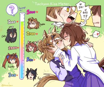 6+girls agnes_tachyon_(umamusume) ahoge animal_ears black_hair blue_eyes blush braid brown_hair closed_eyes commentary_request daiwa_scarlet_(umamusume) dantsu_flame_(umamusume) from_side fuji_kiseki_(umamusume) hair_between_eyes half_up_braid half_updo highres horse_ears horse_girl horse_tail jungle_pocket_(umamusume) kiss kiss_meter_(meme) korean_commentary korean_text lab_coat long_hair manhattan_cafe_(umamusume) mazu1kan meme multiple_girls open_mouth purple_shirt purple_skirt school_uniform shirt short_hair skirt sweat sweatdrop tail tracen_school_uniform translation_request umamusume yellow_eyes yuri