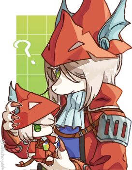 Rule 34 | 1girl, ?, armor, ascot, blue ascot, border, burmecian, character doll, claws, closed mouth, coat, commentary request, doll, final fantasy, final fantasy ix, freya crescent, green background, green eyes, grey hair, grid background, hair over one eye, helmet, hidechanyade, highres, holding, holding doll, mouse girl, red coat, red helmet, shoulder armor, solo, tabard, upper body, white border, winged helmet