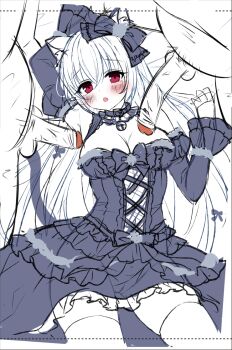 1girl 2boys animal_ears armpit_sex bad_source bare_shoulders breasts cat_ears cat_girl cleavage fat fat_man group_sex hairband large_breasts long_hair long_sleeves looking_at_viewer lying mitsuba_choco mmf_threesome multiple_boys original paizuri paizuri_under_clothes penis rape red_eyes reverse_paizuri sketch thighhighs threesome