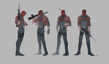 artist_name bat_signal batman_(series) batman_symbol belt black_bodysuit bodysuit brown_jacket dc_comics gloves grey_bodysuit highres jacket jason_todd looking_at_viewer male_focus maple_dc multicolored_bodysuit muscular muscular_male red_hood_(dc) red_hood_and_the_outlaws red_mask signature standing superhero_costume taut_bodysuit thigh_strap two-tone_bodysuit weapon