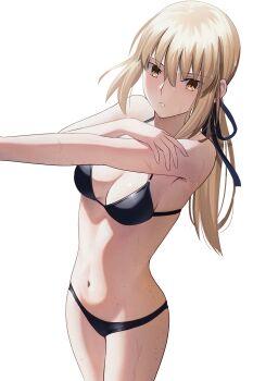 1girl absurdres artoria_pendragon_(fate) bare_shoulders black_bra black_panties black_ribbon blonde_hair bra breasts cleavage commentary english_commentary fate/grand_order fate_(series) hair_ribbon highres long_hair longdq3008 looking_at_viewer low_ponytail medium_breasts navel panties ponytail ribbon saber_alter sidelocks solo thighs underwear yellow_eyes