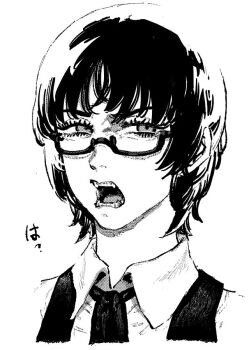 Rule 34 | 1girl, choppy bangs, collared shirt, commentary request, eri (sayonara eri), facing viewer, glasses, greyscale, ireading, looking to the side, monochrome, necktie, open mouth, portrait, sayonara eri, shirt, short hair, sidelocks, simple background, solo, teeth, white background