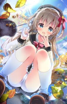 1girl acorn after_rain autumn_leaves beret black_headwear black_skirt blue_eyes blush bow bowtie breasts brown_footwear brown_hair brown_shirt cloud hat holding leaf long_hair long_sleeves looking_at_viewer medium_breasts nagayama_yuunon open_mouth original panties puddle rainbow red_neckwear school_uniform shirt shoes skirt sky smile socks squatting twintails umbrella underwear white_legwear white_panties