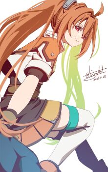 1girl ahoge antenna_hair brown_hair closed_mouth cropped_jacket dated double-parted_bangs eiyuu_densetsu estelle_bright floating_hair from_side hair_between_eyes hair_intakes highres long_hair looking_at_viewer nice_knee_socks_day over-kneehighs red_eyes short_sleeves signature simple_background skirt smile socks solo sora_no_kiseki thighhighs tinybiard twintails twitter_username very_long_hair white_background white_socks