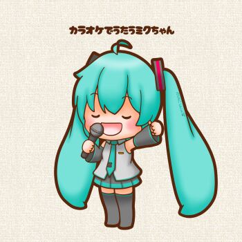 1girl absurdres ahoge aqua_hair aqua_necktie chibi chibi_only closed_eyes commentary_request detached_sleeves full_body grey_shirt hatsune_miku highres holding holding_microphone microphone miniskirt music necktie open_mouth pleated_skirt sh1n_chan shirt singing skirt sleeveless sleeveless_shirt solo standing thick_outlines thighhighs twintails vocaloid zettai_ryouiki