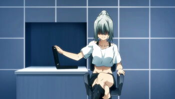 1girl black_boots black_bra black_shorts bluesy_fluesy boots bra breasts chair closed_mouth collarbone computer crossed_legs female_focus grey_hair highres indoors lace-up_boots laptop legs long_hair medium_breasts midriff navel ponytail sexually_suggestive shirt short_sleeves shorts sitting solo solo_focus sports_bra stomach table taboo_tattoo thighs underwear white_shirt