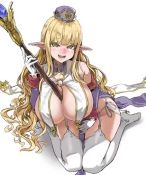 1girl animated asanagi bare_shoulders beige_background black_shoes blonde_hair blunt_bangs breasts colored_eyelashes covered_erect_nipples covered_navel detached_sleeves dress elf elf_mura elf_village finger_to_mouth full_body garter_belt garter_straps gloves green_eyes hat high_heels huge_breasts large_breasts leaning_forward lk_(lk00) long_hair looking_at_viewer looking_to_the_side mini_hat navel no_bra original panties pelvic_curtain pointy_ears priscilla_(elf_mura) purple_dress red_shoes revealing_clothes see-through_clothes shoes shushing side-tie_panties sideboob sidelocks simple_background solo staff standing string_panties thighhighs underboob underwear very_long_hair video white_gloves white_panties white_thighhighs