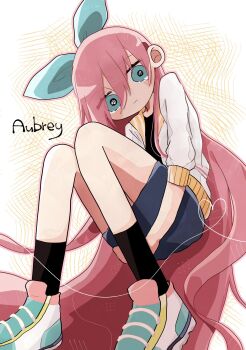 1000_omo 1girl absurdly_long_hair aubrey_(faraway)_(omori) aubrey_(omori) black_socks blue_eyes blue_hairband blue_skirt character_name closed_mouth denim denim_skirt hair_between_eyes hairband highres jacket knees_up long_hair looking_at_viewer omori pink_hair shoes short-sleeved_jacket short_sleeves sitting skirt sneakers socks solo tearing_up very_long_hair white_jacket