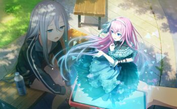 Rule 34 | 1other, 25-ji luka, 2girls, black dress, black jacket, blue eyes, bottle, colorful palette, dress, frilled dress, frills, game cg, hair between eyes, hairband, highres, holding, holding phone, jacket, long hair, megurine luka, minna de enjoy! spojoy park (project sekai), multiple girls, official art, phone, pink hair, project sekai, sitting, third-party source, triangle, very long hair, vocaloid, white hair, white hairband, yoisaki kanade