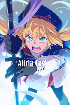 Rule 34 | 1girl, artoria caster (fate), artoria caster (second ascension) (fate), artoria pendragon (fate), belt, beret, black gloves, black pantyhose, blonde hair, blue cape, blue hat, blush, breasts, cape, character name, commentary request, dress, echo (circa), fate/grand order, fate (series), gloves, gold trim, green eyes, hat, long hair, long sleeves, looking at viewer, multicolored cape, open mouth, pantyhose, red cape, small breasts, solo, staff, thighs, twintails, white dress