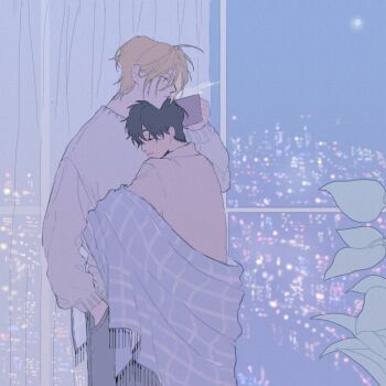 Rule 34 | 2boys, a co pi, arm up, ash lynx, banana fish, blanket, blonde hair, blue eyes, cityscape, closed eyes, closed mouth, coffee mug, commentary request, cup, curtains, grey pants, grey sweater, hand in pocket, holding, holding cup, hug, long sleeves, male focus, moon, mug, multiple boys, night, okumura eiji, pants, parted bangs, plant, sky, standing, steam, sweater