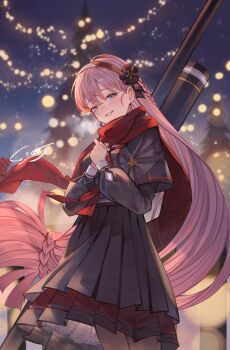 1girl ayacho black_pantyhose blurry blurry_background blush bow breasts christmas christmas_tree commentary_request cowboy_shot granblue_fantasy highres long_hair long_skirt looking_at_viewer medium_breasts pantyhose parted_lips pink_hair pleated_skirt puffy_sleeves quiver red_scarf sandira_(granblue_fantasy) scarf school_uniform skirt smile solo very_long_hair yumi_(bow)