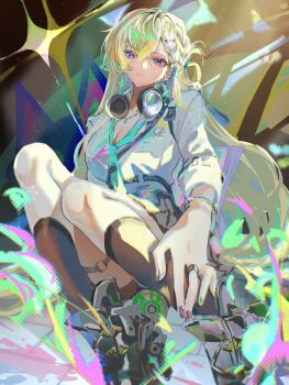 Rule 34 | 1girl, absurdres, black nails, black shoes, black skirt, black socks, blonde hair, braid, braided bangs, breasts, chromatic aberration, cleavage, closed mouth, commentary, hair between eyes, hair ornament, headphones, headphones around neck, highres, id card, jewelry, long hair, looking at viewer, lynae (wuthering waves), medium breasts, mochi upamo, nail polish, necklace, purple eyes, shirt, shoes, skirt, skull hair ornament, socks, solo, white shirt, wuthering waves