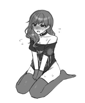 Rule 34 | 1girl, belt collar, blush, bottomless, breasts, cleavage, collar, commentary request, crying, crying with eyes open, embarrassed, gloves, greyscale, hecatia lapislazuli, highres, long hair, medium breasts, mochigumo, monochrome, open mouth, shirt tug, sitting, solo, sweat, tears, thighhighs, touhou