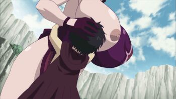 1boy 1girl age_difference animated animated_gif armor bare_shoulders black_hair blue_eyes bouncing bouncing_breasts breast_slip breasts cattleya_(queen's_blade) cleavage clenched_teeth closed_eyes cloud covered_erect_nipples gigantic_breasts glasses grass hair_ornament hetero hug lips long_hair mature_female mother_and_son nipples one_breast_out open_mouth ponytail queen's_blade rana_(queen's_blade) short_hair sky sword teeth tongue underboob weapon