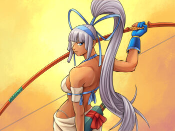 1girl archery arm_up ass bikini blue_eyes breasts carlotus dark-skinned_female dark_skin eyepatch fingerless_gloves from_behind gloves grey_hair hair_ribbon highres large_breasts lips long_hair looking_at_viewer looking_back majikina_mina ponytail ribbon samurai_spirits sarong sideboob smile snk solo swimsuit thong_bikini very_long_hair white_bikini