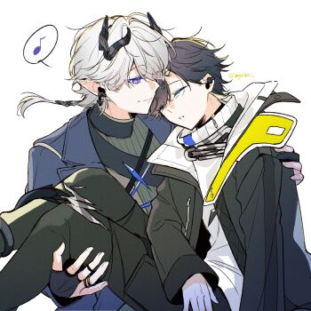 Rule 34 | 2boys, ardashir (arknights), arknights, arknights: endfield, black coat, black hair, blue eyes, carrying, carrying person, closed eyes, coat, commentary request, endministrator (arknights), floating hair, grey hair, grey shirt, highres, jacket, lapels, long sleeves, looking at another, male endministrator (arknights), male focus, mtsk 0420, multiple boys, musical note, notched lapels, open clothes, open coat, open jacket, parted bangs, parted lips, ponytail, princess carry, shirt, short hair, simple background, smile, speech bubble, spoken musical note, turtleneck, twitter username, upper body, white background, white shirt