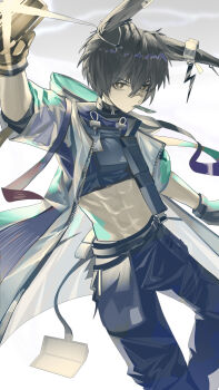 1boy abs absurdres animal_ears arknights arm_up ayerscarpe_(arknights) bandaid bandaid_on_face bandaid_on_nose birchboat black_gloves black_hair black_pants black_shirt brown_eyes closed_mouth ear_ornament earclip edamame food_in_mouth gloves hair_between_eyes highres holding holding_weapon hood hooded_jacket jacket looking_at_viewer lop_rabbit_ears male_focus midriff navel open_clothes open_jacket pants rabbit_boy rabbit_ears see-through_clothes see-through_jacket shirt short_hair short_sleeves sidelocks simple_background solo standing standing_on_one_leg weapon