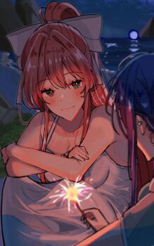 2girls artist_self-insert blue_eyes blue_hair blush bow crossed_arms dark doki_doki_literature_club dress earrings fireworks glowing hair_between_eyes hair_bow high_ponytail highres holding holding_fireworks horizon jewelry looking_at_another monika_(doki_doki_literature_club) moon multiple_girls night pink_hair ponytail shore sidelocks smile sparkler squatting white_dress yananeruu yuri
