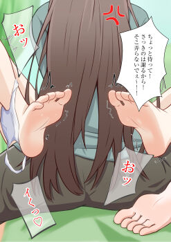 2girls absurdres anger_vein barefoot between_legs blue_shirt brown_hair brown_pants commentary_request feet highres long_hair melonpan134 miyagi_shiori multiple_girls panties panties_around_one_ankle pants sendai_hazuki shirt shuuniichido_classmate_wo_kau_hanashi soles speech_bubble toes translation_request underwear white_panties yuri
