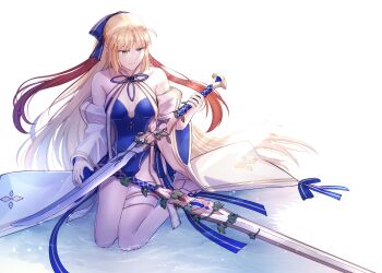 1girl ahoge artoria_caster_(fate) artoria_caster_(swimsuit)_(fate) artoria_caster_(swimsuit)_(third_ascension)_(fate) artoria_caster_(swimsuit_berserker)_(third_ascension)_(fate) artoria_pendragon_(fate) bare_legs bare_shoulders blonde_hair blue_bow blue_one-piece_swimsuit blue_ribbon bow breasts diamond_(shape) double_blade fate/grand_order fate_(series) full_body gold_trim green_eyes hair_bow highres holding holding_sword holding_weapon long_hair long_sleeves looking_down one-piece_swimsuit ornament red_hair ribbon sitting sitting_on_water small_breasts smile swimsuit sword twintails very_long_hair water weapon white_background white_footwear white_ribbon yamano_udumi
