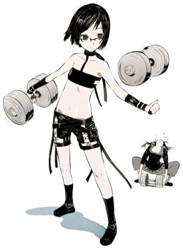 2girls artist_request dumbbell expressionless glasses midriff multiple_girls navel short_shorts shorts strong tagme