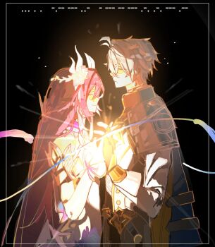 1boy 1girl ahoge black_background black_gloves breasts coat commentary cyrene_(honkai:_star_rail) cyrene_(ripples_of_past_reverie)_(honkai:_star_rail) dress fingerless_gloves flower gloves hair_flower hair_ornament highres honkai:_star_rail honkai_(series) interlocked_fingers long_hair medium_breasts morse_code multicolored_hair phainon_(honkai:_star_rail) pink_hair rina_(9158good) smile two-tone_hair very_long_hair white_coat white_dress white_hair