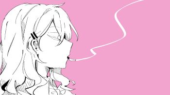 1girl bow bowtie cigarette closed_eyes commentary dated_commentary greyscale_with_colored_background hair_ornament hairclip highres long_hair maribel_hearn missing_headwear oriharareimu pink_background smoking solo touhou
