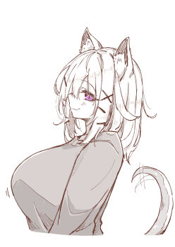 1girl absurdres afterimage animal_ear_fluff animal_ears arknights breasts closed_mouth commentary cropped_torso from_side greyscale hair_ornament hairclip highres large_breasts looking_at_viewer maiq06 medium_hair monochrome pink_eyes profile shirt smile solo spot_color tail tail_raised utage_(arknights) x_hair_ornament