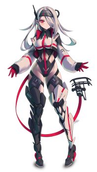 1girl absurdres armored_boots boots cropped_jacket dated full_body hair_over_one_eye high_heels highres leotard looking_at_viewer original pigeon-toed red_eyes signature solo thighhighs white_background white_hair zhvo