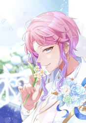 Rule 34 | 1boy, amemura ramuda, blue eyes, blurry, blurry background, closed mouth, earrings, fingernails, flower, flower request, gami ww, hair ornament, hairclip, highres, holding, holding flower, hypnosis mic, jacket, jewelry, light particles, long sleeves, looking at viewer, male focus, necktie, outdoors, pink hair, smile, solo, vest, white flower, white jacket, white necktie, white vest