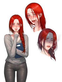Rule 34 | 1girl, bad thinking diary, blush, book, braid, cho minjae, denim, highres, jeans, long hair, multiple views, pants, rangrarii, red hair, single braid, solo, yellow eyes