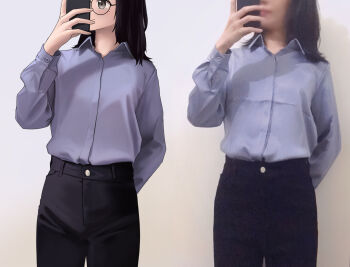 1boy androgynous animification art_vs_artist artist_self-insert black_hair black_pants blue_shirt cellphone censored censored_identity collared_shirt commentary dress_shirt feminine glasses gradient_background highres holding holding_phone long_hair long_sleeves medium_hair mirror_selfie mole mole_under_eye niio_(niiochi) niio_(niiochi)_(person) original pants phone photo-referenced real_life selfie shadow shirt simple_background smartphone symbol-only_commentary