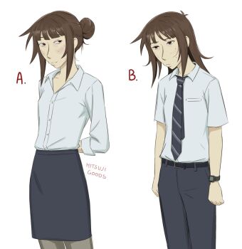 Rule 34 | 1girl, belt, belt buckle, black belt, blush, brown eyes, brown hair, buckle, closed mouth, collared shirt, commentary, cropped legs, english commentary, freckles, hair bun, highres, hitsuji (hitsujigoods), kara eklund, multiple views, necktie, office lady, original, pants, pantyhose, pencil skirt, shirt, shirt tucked in, simple background, skirt, smile, standing, striped clothes, striped necktie, watch, white background, white shirt