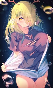 1girl antlers braid braided_bangs breasts ceres_fauna dark_background flower flying_sweatdrops green_hair hair_flower hair_ornament hashtag-only_commentary highres hololive hololive_english horns large_breasts long_hair looking_at_viewer panties shirt solo sweat t-shirt the0neulost thighs torn_clothes torn_shirt tree_horns underwear undressing virtual_youtuber water_drop yellow_eyes