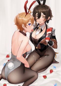 2girls absurdres animal_ears backless_outfit bare_shoulders black_gloves black_hair black_legwear blue_eyes bottle breasts brown_hair cleavage collarbone detached_collar earrings english_text eyeliner fake_animal_ears fake_tail food food_in_mouth from_behind fruit gem genderswap genderswap_(mtf) genshin_impact gloves gradient_hair hair_between_eyes highres jacket jewelry leotard liquid long_hair long_sleeves looking_at_viewer makeup medium_breasts multicolored_hair multiple_girls necktie nuntarou_(niudon_kajika) open_mouth orange_hair pantyhose playboy_bunny primogem rabbit_ears rabbit_tail seiza short_hair simple_background single_earring sitting strapless strapless_leotard strawberry tail tartaglia_(genshin_impact) tassel tassel_earrings tube wariza wing_collar yellow_eyes zhongli_(genshin_impact)