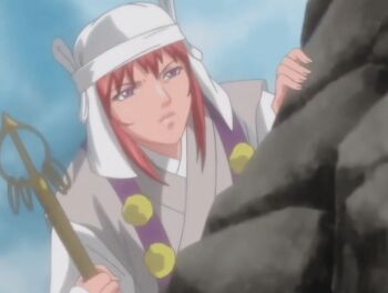 1girl animated animated_gif bible_black bible_black:_restored bible_black_new_testament bridal_gauntlets climbing geta hood kesa lowres mature_female monk mountain purple_eyes red_hair sandals shakujou staff tagme takashiro_hiroko