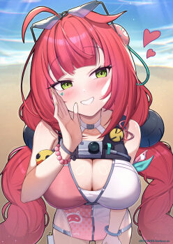 1girl blush breasts cleavage commentary_request even_though_you_lost_your_virginity_to_me_(meme) eyewear_on_head glasses green_eyes hair_ornament hand_up heart highres large_breasts long_hair meme paid_reward_available parted_lips red_hair smile solo sphere_hair_ornament triangular_eyewear twintails ukinami_yuzuha uneg variant_set very_long_hair zenless_zone_zero