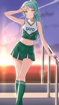 1girl absurdres aqua_hair arm_up bang_dream! blurry blurry_background bokeh cheerleader commentary commission crop_top depth_of_field english_commentary fries_vanquisher green_eyes green_skirt green_socks highres hikawa_sayo kneehighs long_hair midriff navel open_mouth pixiv_commission pleated_skirt ponytail railing skirt sleeveless socks solo standing v
