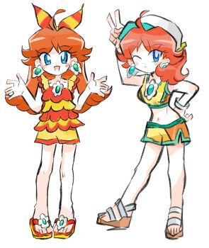 1girl absurdres blue_eyes brown_hair earrings flower_earrings hand_on_own_hip hat highres jewelry long_hair mario_(series) mario_kart mario_kart_tour mario_kart_world midriff multiple_views nintendo one_eye_closed open_mouth princess_daisy princess_daisy_(swimwear)_(mario_kart_tour) princess_daisy_(swimwear)_(mario_kart_world) rakugaki_shitagari-ya sandals shorts simple_background smile v white_background white_hat