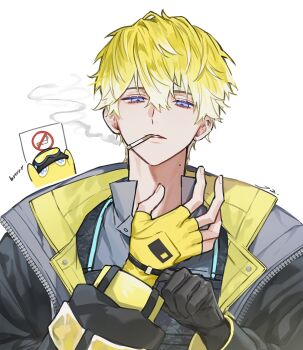 Rule 34 | 1boy, adjusting clothes, adjusting gloves, black gloves, blue eyes, briskadet (sonny brisko), cigarette, collared shirt, commentary, double-parted bangs, fingerless gloves, firstyourheart, gloves, gradient hair, grey shirt, hair between eyes, highres, jacket, long sleeves, male focus, multicolored hair, nijisanji, nijisanji en, parted lips, popped collar, shirt, smoke, smoke trail, smoking, solo, sonny brisko, sonny brisko (1st costume), untranslatable commentary, unzipped, upper body, virtual youtuber, white background, yellow gloves, zipper