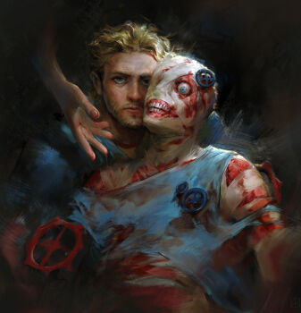 1boy beard blonde_hair blue_eyes blue_shirt commentary curly_(mouthwashing) english_commentary eyepatch facial_hair flesh highres horror_(theme) looking_at_viewer medical_eyepatch mouthwashing multiple_views shirt sk_knightofthebrush teeth valve wrapped_up