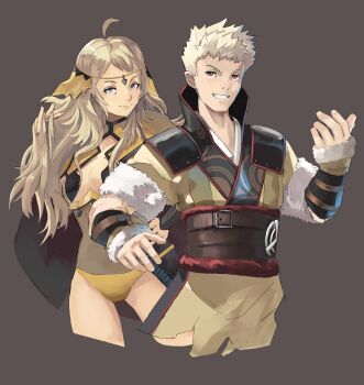 1boy 1girl ahoge blonde_hair bodystocking circlet commission father_and_daughter fire_emblem fire_emblem_awakening fire_emblem_fates gold_cape grey_eyes highres nintendo ophelia_(fire_emblem) owain_(fire_emblem) panties rod_langhi underwear yellow_panties