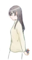 Rule 34 | 1girl, arm around back, blue eyes, blush, box, brown hair, brown sweater, closed mouth, commentary request, cowboy shot, from side, gift, gift box, highres, holding, holding gift, long hair, long sleeves, nanami touko, nyamo, profile, simple background, solo, sweater, white background, yagate kimi ni naru