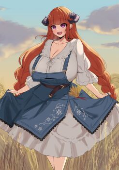 Rule 34 | 1girl, alternate breast size (larger), arknights, bagpipe (arknights), braid, braided twintails, breasts, cloud, cloudy sky, collarbone, curtsey, dress, field, horns, huge breasts, long dress, long hair, noe (ppppriver), open mouth, orange hair, purple eyes, sky, teeth, twintails, upper teeth only, wheat field, white dress