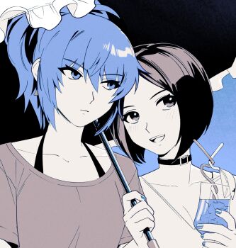 00a3af_231 2girls black_choker blue_eyes blue_hair brown_eyes brown_hair choker cup drink drinking_straw highres holding holding_cup holding_umbrella leona_heidern multiple_girls nail_polish ponytail shirt short_hair smile t-shirt the_king_of_fighters umbrella whip_(kof)