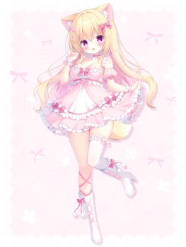 1girl :d animal_ear_fluff animal_ears ankle_lace-up bare_shoulders blonde_hair blush boots border bow breasts character_request choker cleavage commentary_request copyright_request detached_sleeves dress drop_shadow fox_ears fox_girl fox_tail frilled_choker frilled_dress frilled_thighhighs frilled_wrist_cuffs frills full_body hair_bow hair_ornament hand_up heart heart_hair_ornament highres knee_boots lace-up_boots large_breasts long_hair looking_at_viewer nekoboshi_yuki official_art open_mouth outside_border pink_background pink_bow pink_choker pink_dress pink_eyes pink_sleeves short_sleeves simple_background single_thighhigh sleeve_bow sleeveless sleeveless_dress smile solo standing standing_on_one_leg tail thighhighs white_boots white_border white_thighhighs wrist_cuffs
